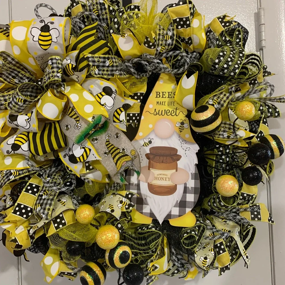 Hand Crafted Yellow and Black Holiday Wreath with Bee Accents